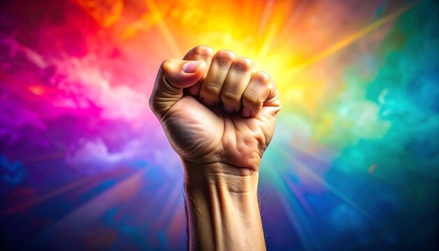 A fist raised against a backdrop of vibrant colorful smoke - Powered by Adobe