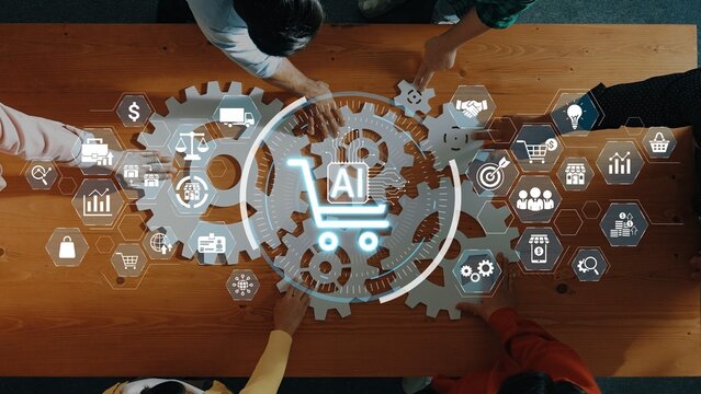A dynamic collaboration scene showcasing diverse individuals brainstorming around a table, integrating AI concepts and e-commerce strategies with digital icons and gears. Raster
