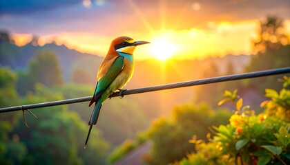 A vibrant kingfisher perched on a wire, bathed in the warm light of a beautiful sunrise over a lush landscape.