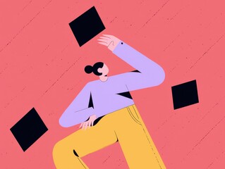 An Artistic Depiction of a Person Playfully Interacting with Floating Shapes Against a Vibrant Background, Showcasing Movement and Creativity