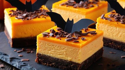 Delicious Halloween Bat-Decorated Cheesecake Squares with Chocolate and Pumpkin Flavors for Festive Celebrations and Seasonal Enjoyment