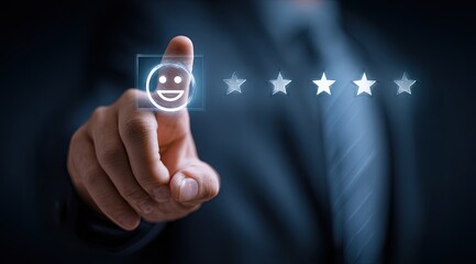 A person touches a positive review