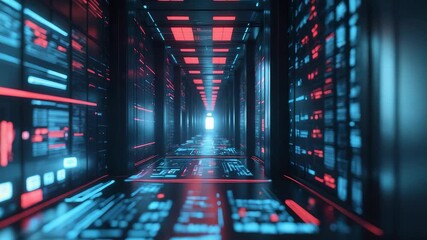 Digital data corridor with glowing red and blue code panels in abstract cyber server environment creating concept of network technology flow - Powered by Adobe