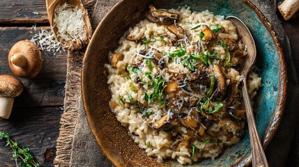 Fototapeta na wymiar Authentic Italian risotto ai funghi porcini creamy texture rich parmesan cheese fresh herbs served a rustic ceramic bowl