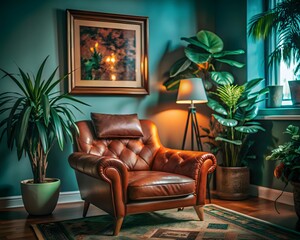 Cozy reading nook warm brown leather armchair lush green plants inviting ambiance