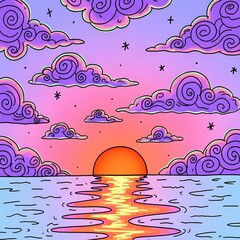 Sunset Dreamscape A Vibrant Hand-Drawn Illustration