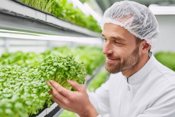 Smiling farmer inspecting microgreens in vertical farm