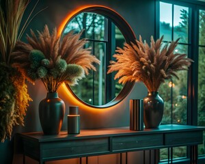 Modern entryway with a circular illuminated mirror and decorative vases