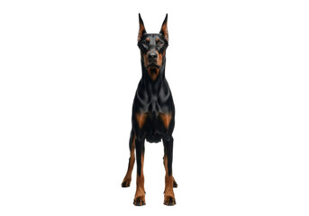An adult Doberman Pinscher, sleek, black with rust markings, standing alert on a transparent studio background with copy space, concept of vigilant loyalty