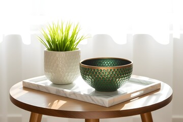 Round wooden side table with potted plant and decorative bowl cozy home decor