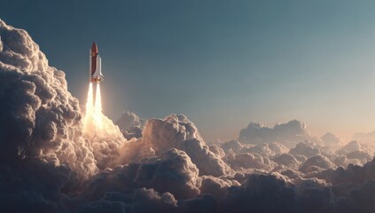 Obraz premium Rocket launching through clouds at sunrise