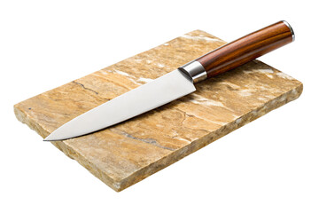 Sharp chef knife on textured stone isolated on white background