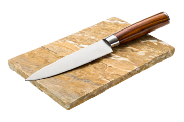 Sharp chef knife on textured stone isolated on white background