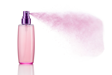 Pink spray bottle with mist cloud isolated on white background