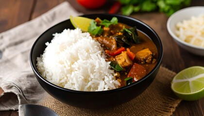 Spicy curry with rice in a bowl