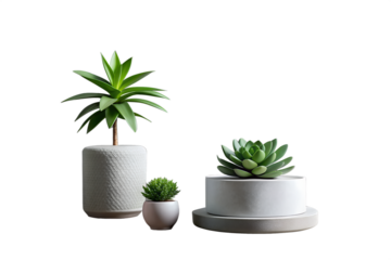 A minimalist arrangement of lush green houseplants thriving in stylish ceramic pots, perfect for modern interior design and a touch of natural elegance on a clean white background