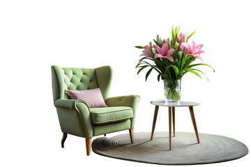 Elegant green armchair with floral arrangement isolated on white background