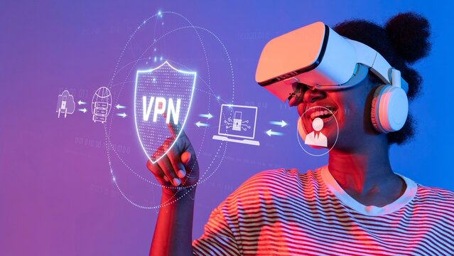 A woman wearing a virtual reality headset interacts with a vibrant VPN graphic, highlighting digital privacy and secure browsing in a modern, colorful setting. Raster - Powered by Adobe