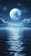 Glowing planet above a tranquil ocean at night with stars and cosmic light reflections creating a surreal futuristic landscape blending celestial beauty with serene atmospheric depth and mystery