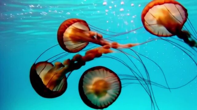 Drei leuchtende Feuerquallen schweben elegant durch das blaue Wasser