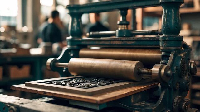 Antique printing press machine with engraved plate and rollers in vintage workshop environment showing traditional printing craftsmanship
