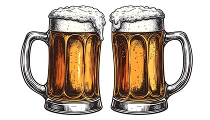 Two detailed illustrations of beer mugs filled with frothy, amber beer, showcasing intricate hand-drawn style.
