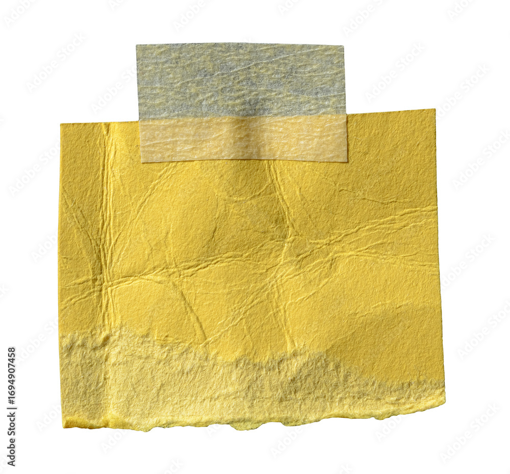 Poster isolated cut out torn piece of blank yellow paper note cardboard with rough texture edges and adhesi
