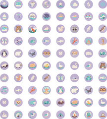 80 flat circular icons of nature, animals, and weather elements in pastel colors