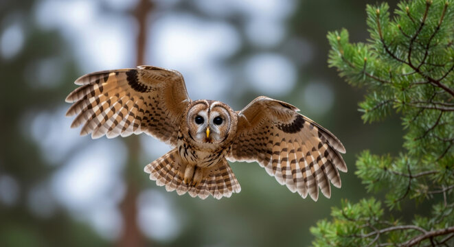 a brown owl (strix aluco) with outstretched wings flies through a forest