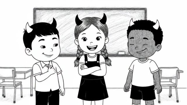 Happy Kids with Devil Horns in Classroom - A black and white sketch shows three smiling children wearing devil horns, standing together in a classroom.