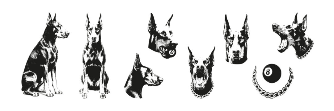 Trendy grunge clip art in retro stipple photocopy style. Doberman dogs, chains and 8 ball graphic elements set perfect for posters, street wear, t-shirt print, edgy design. Modern vector illustration