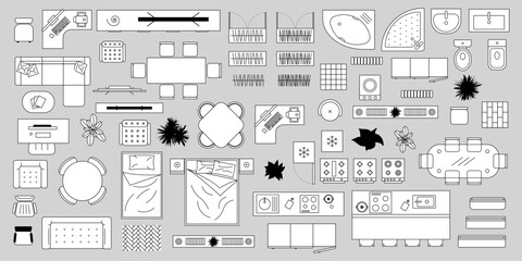 Collection of minimalist furniture outline icons in black and white, ideal for interior design layouts and architectural plans. Furniture outline top view