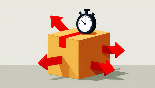 Yellow box with red arrows and stopwatch image