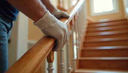 Carpenter installs wooden stair railing balustrade. Man in gloves works on interior home renovation. Construction worker uses tool for building project. Safety and home improvement.