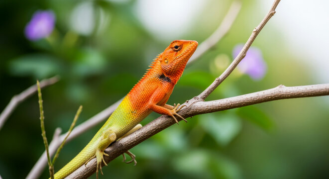 an orange and green lizard sitting on a small tree branch in nature