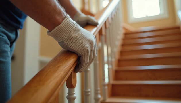 Carpenter installs wooden stair railing balustrade. Man in gloves works on interior home renovation. Construction worker uses tool for building project. Safety and home improvement.