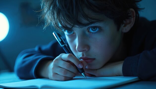 Intense teenager with blue eyes focused on writing in notebook. Moody, dark, brooding atmosphere. Young writer mind, imagination, creativity at work. Troubled expression hints at mystery, suspense,