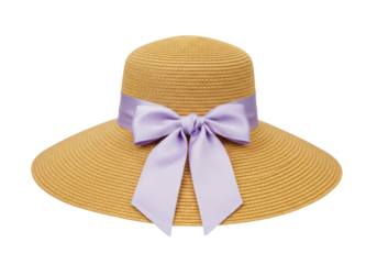 Isolated floppy sun hat with lilac ribbon and bow, ladies straw summer fashion accessory