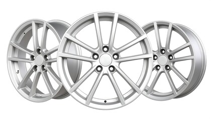 Obraz premium Three silver alloy wheels against a white background