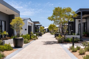 Row of modern homes with a paved walkway