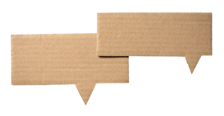 Brown blank cut out cardboard paper speech bubbles with copy space for text on transparent png background conversation discussion design element