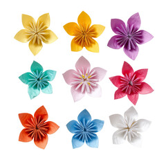 Vibrant assorted origami blossoms artfully arranged top view delightful craftsmanship display