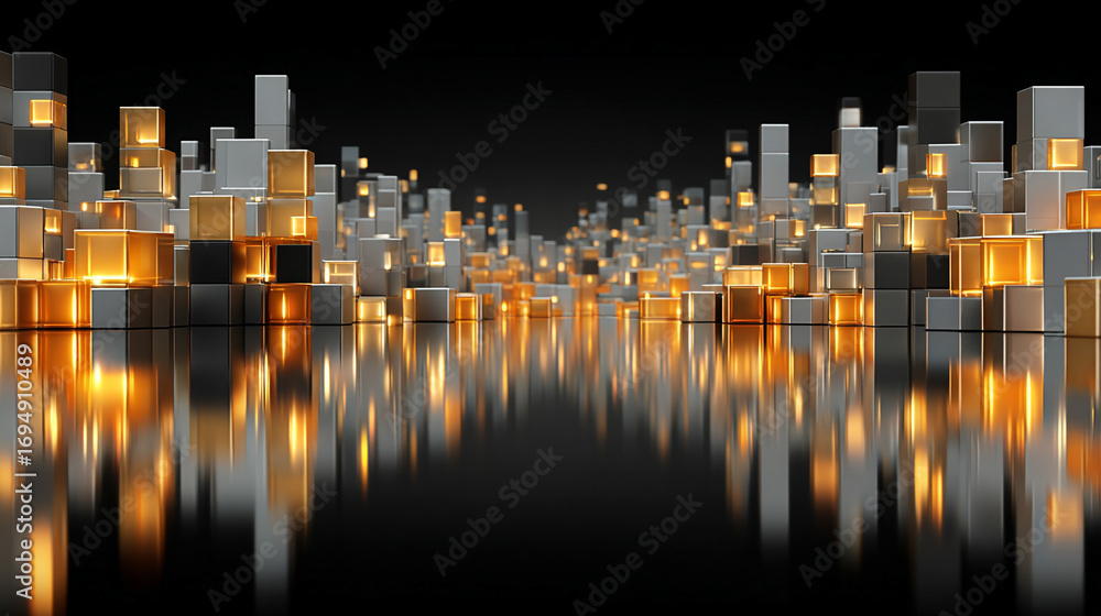 Poster golden and black reflective cubes forming an abstract futuristic cityscape with shimmering surfaces 