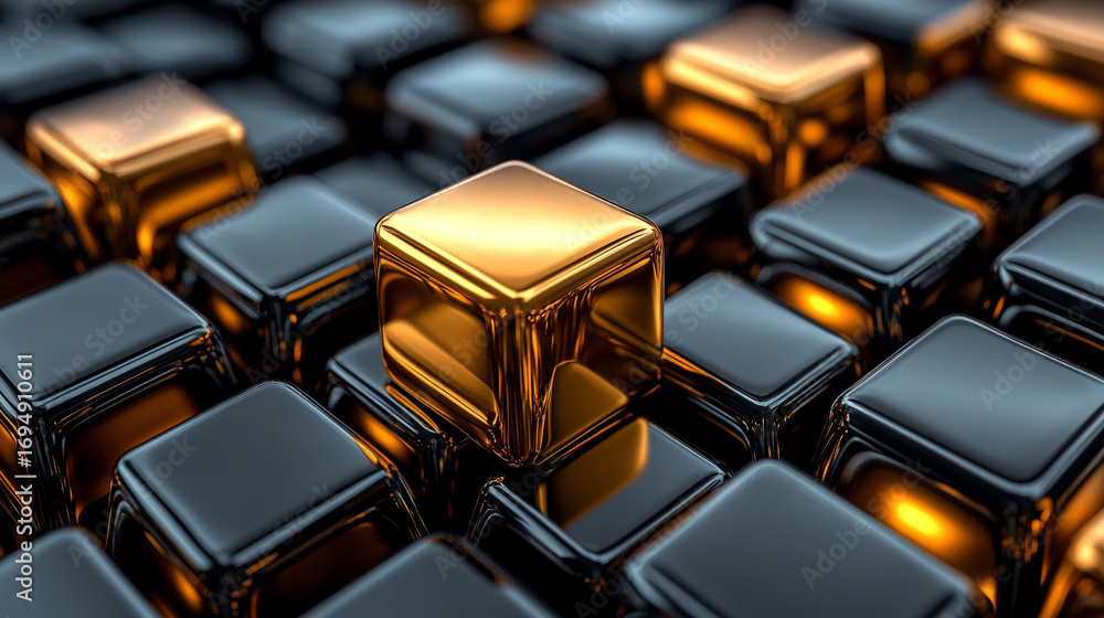 Poster golden and black reflective cubes forming an abstract futuristic cityscape with shimmering surfaces 