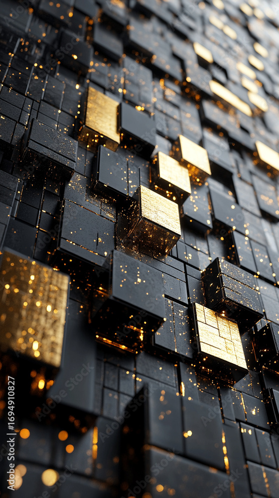 Aufkleber golden and black reflective cubes forming an abstract futuristic cityscape with shimmering surfaces 