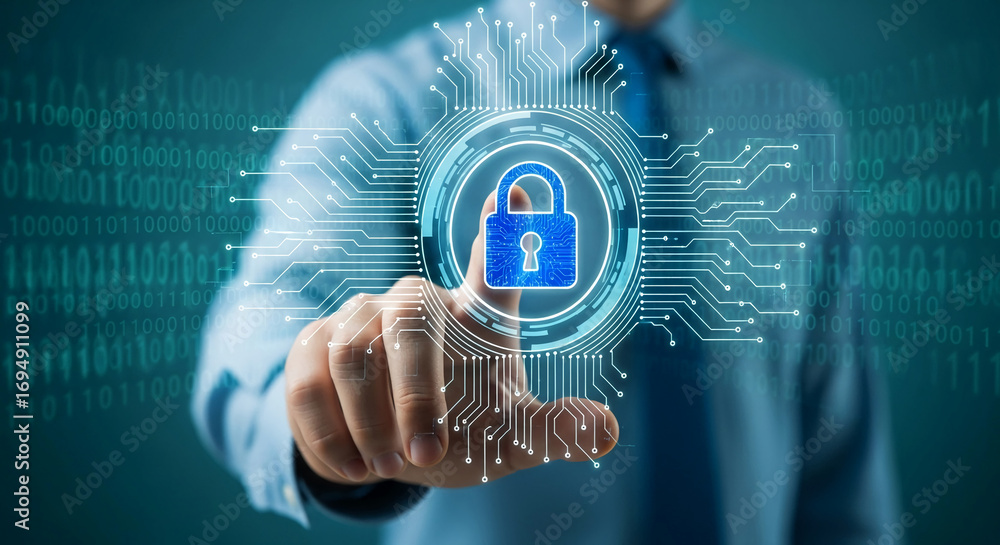 Poster hand interacts with digital padlock, circuit board design, binary code background, symbolizing cyber
