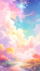 Fototapeta premium A dreamy, colorful landscape with pastel skies, fluffy clouds, and a winding river meanders through a field of colorful trees.