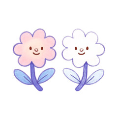 Charming Floral Duo Adorable Watercolor Flowers with Smiling Faces, Delicate Petals and Serene Beauty