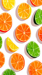 Fototapeta premium Seamless pattern of citrus fruit slices including orange, lemon and lime on white background with soft shadows