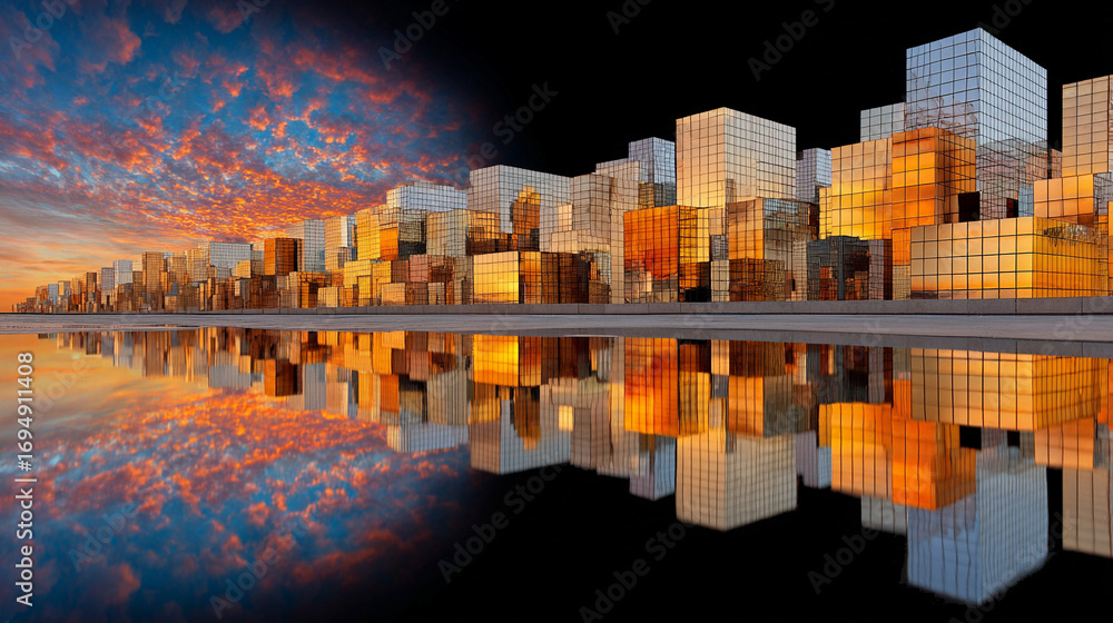 Aufkleber golden and black reflective cubes forming an abstract futuristic cityscape with shimmering surfaces 